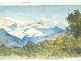 une aquarelle représentant un paysage de montagne avec des arbres