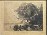 painting of a boat on a lake with a house in the background
