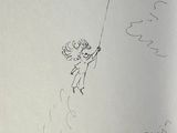 a drawing of a person flying a kite with a heart shaped balloon