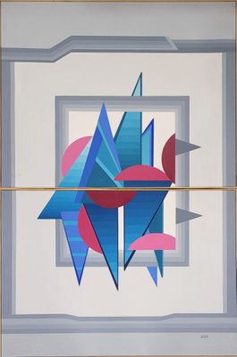 painting of a blue and pink geometric design in a white frame