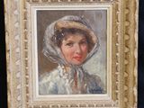 a painting of a woman wearing a bonnet and a white dress