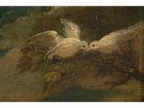 a painting of two doves on a branch with leaves in the foreground