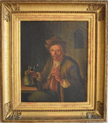 un vieux tableau représentant un homme tenant une théière, dans un cadre doré