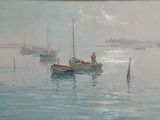 a painting of a man in a boat on the water