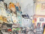 une peinture d'une rue de la ville avec des gens qui marchent dessus