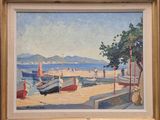 painting of a beach scene with boats on the sand and people on the water