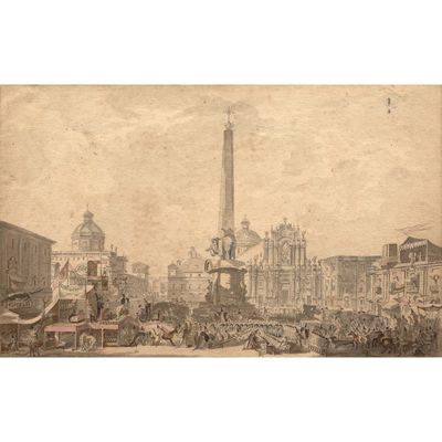 un vieux dessin représentant une ville avec une tour horloge en arrière-plan