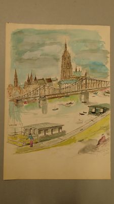 une image représentant un dessin d'un pont enjambant une rivière