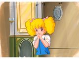 a cartoon picture of a girl with blonde hair and a blue dress
