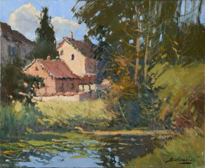 une image d'un tableau représentant une maison au bord de l'eau