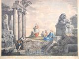 un vieux tableau représentant un groupe de personnes assises sur un rebord en pierre