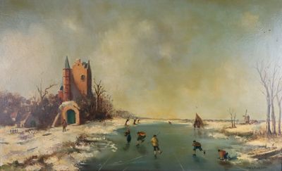 un tableau représentant des personnes faisant du patin à glace sur un lac gelé
