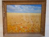 une peinture à l'huile représentant un champ de blé avec des oiseaux volant dans le ciel