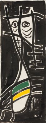 un dessin en noir et blanc représentant deux personnes avec une rayure verte et jaune