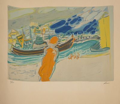 Jean FUSARO (né en 1925) Personnage jaune et nuages bleus