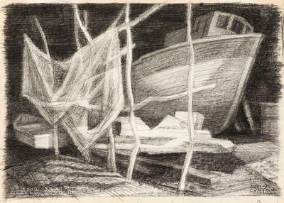 Robert CAMI (1900-1975) Amarrage au port Fusain
