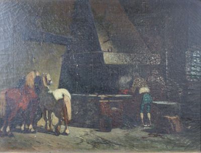 un tableau représentant un groupe de chevaux dans une grange