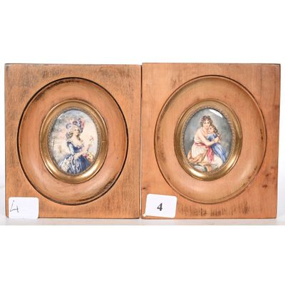 pair of miniature paintings of a woman and child in a wood frame