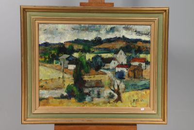 une peinture à l'huile représentant une scène de vie à la ferme, posée sur un chevalet en bois