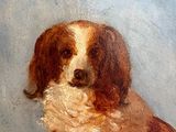 painting of a brown and white dog sitting on top of a grass covered field