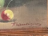 a painting of two apples and a pear on a table