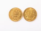 two pieces of gold coins on a white surface