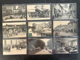 several old black and white photographs of people and horses in a town
