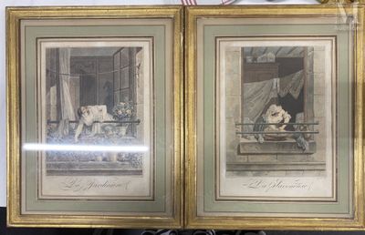 two framed pictures of a dog and a cat on a balcony