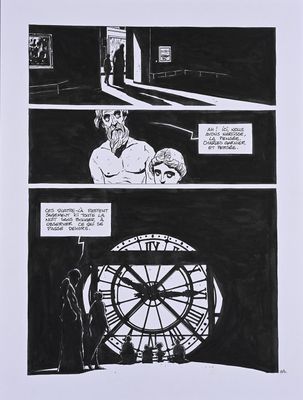 un dessin en noir et blanc représentant un homme et une horloge