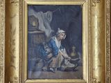 painting of a woman in a blue dress with a basket of fruit