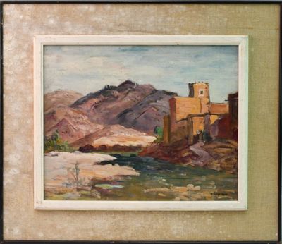 une image d'une peinture représentant une scène de montagne avec une rivière au premier plan