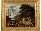 an oil painting of a group of people in a wooded setting