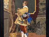 painting of a man in a yellow coat holding a blue and white bag