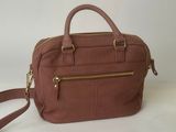 brown leather handbag with gold zippers on a white background
