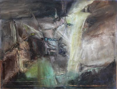 une peinture à l'huile représentant un homme debout dans une grotte d'où jaillit une cascade