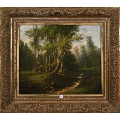 un tableau représentant un paysage boisé avec un sentier au premier plan