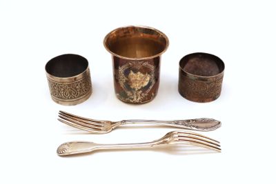 a silverware set on a white surface with a fork and spoon