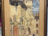 painting of an old building with a clock tower in the middle of it
