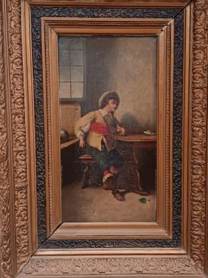 tableau représentant un homme assis à une table, un livre sur les genoux