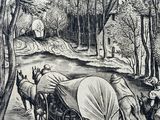 a black and white drawing of a wagon pulled by two horses