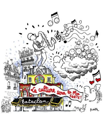 dessin humoristique représentant un homme jouant de la trompette au sommet d'un immeuble
