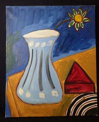 a painting of a vase with a flower in it on a table