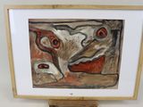 tableau encadré représentant une peinture d'un chien et d'un chat posée sur un chevalet en bois