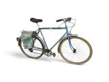 a blue bicycle with a basket on the back of it