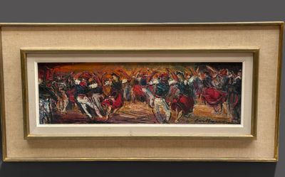 a painting of a group of men riding horses in a field