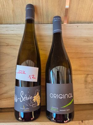 deux bouteilles de vin posées sur une étagère en bois