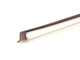 underside view of a violin bow showing the curved end of the bow and the bent end of the bow