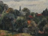 a painting of a landscape with a church in the distance