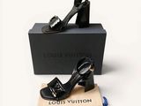louis vuitton black leather high heel sandals with gold buckles