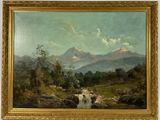 an image of a painting of a mountain scene with a stream
